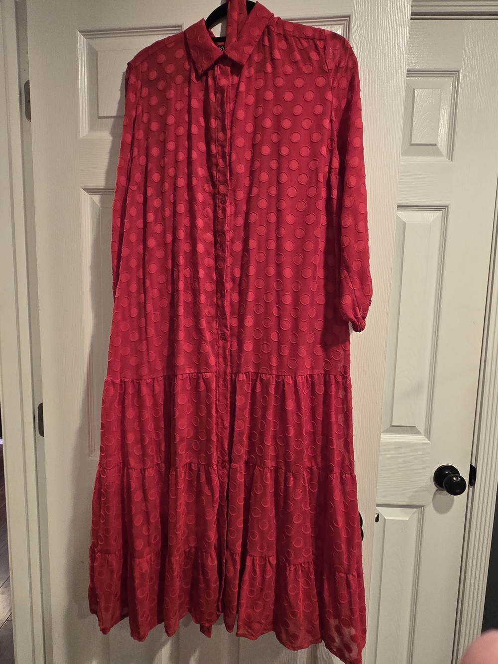 New York & Company Red Polka Dot Maxi Shirt Dress - Picture 3 of 4